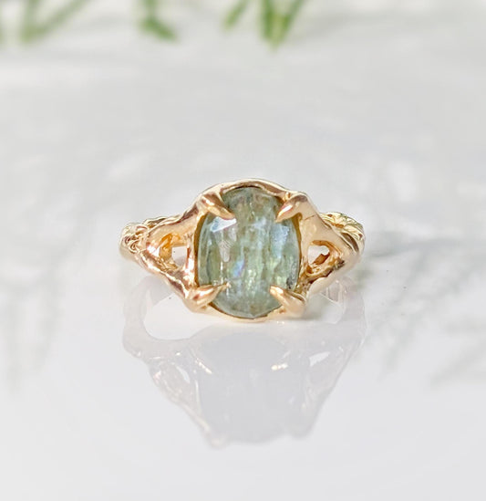 Solid Gold textured Green Kyanite ring