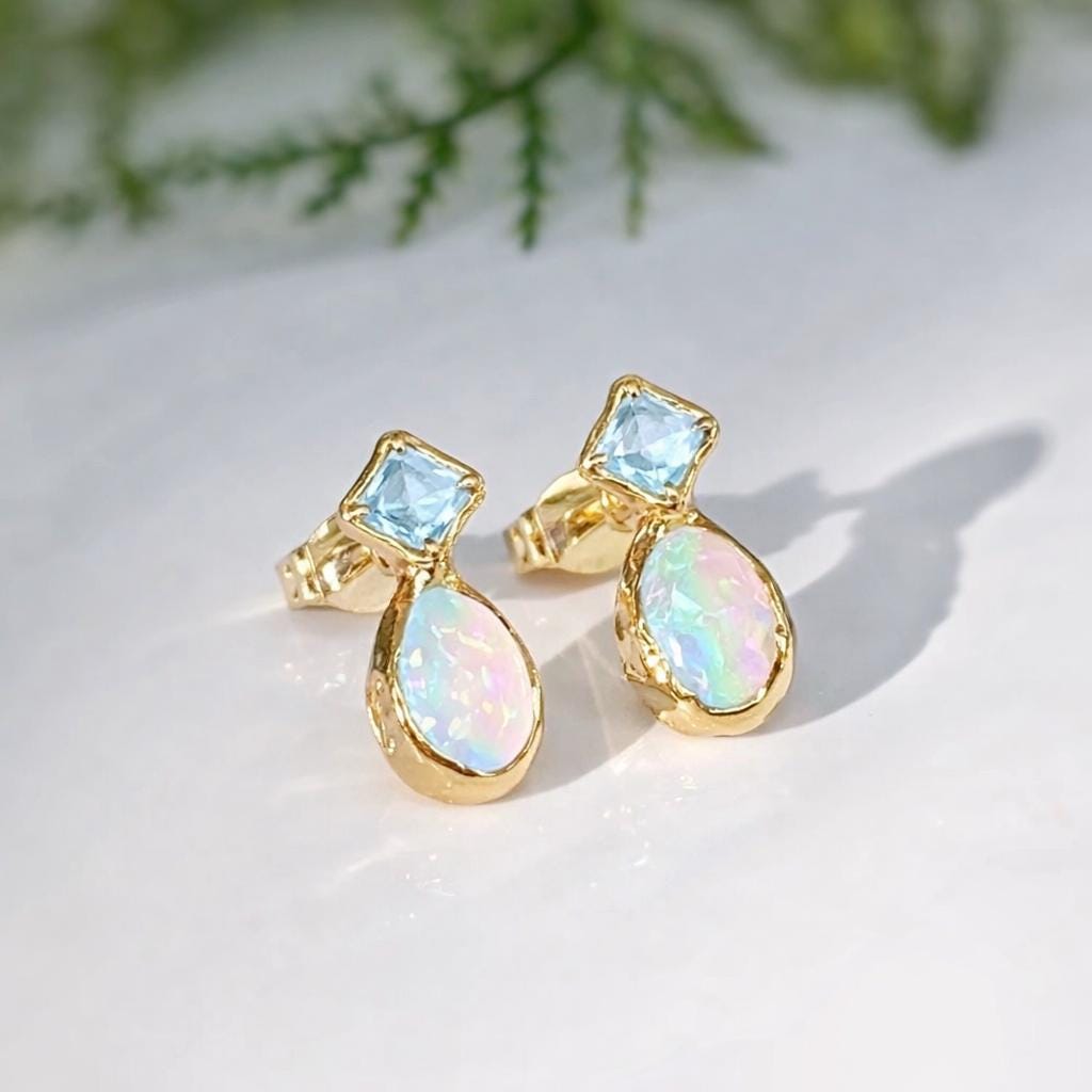 Aquamarine and Opal stud earrings
