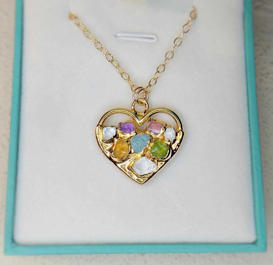 Heart-shaped gold necklace with colorful birthstones, personalized family jewelry gift for mom.