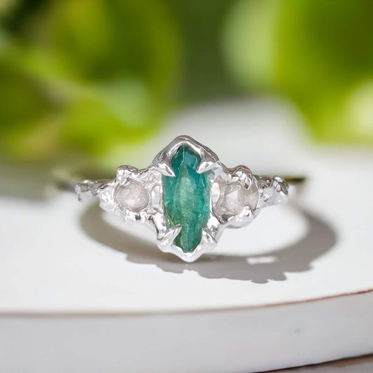 Marquise shape green Emerald and diamond ring in Sterling Silver