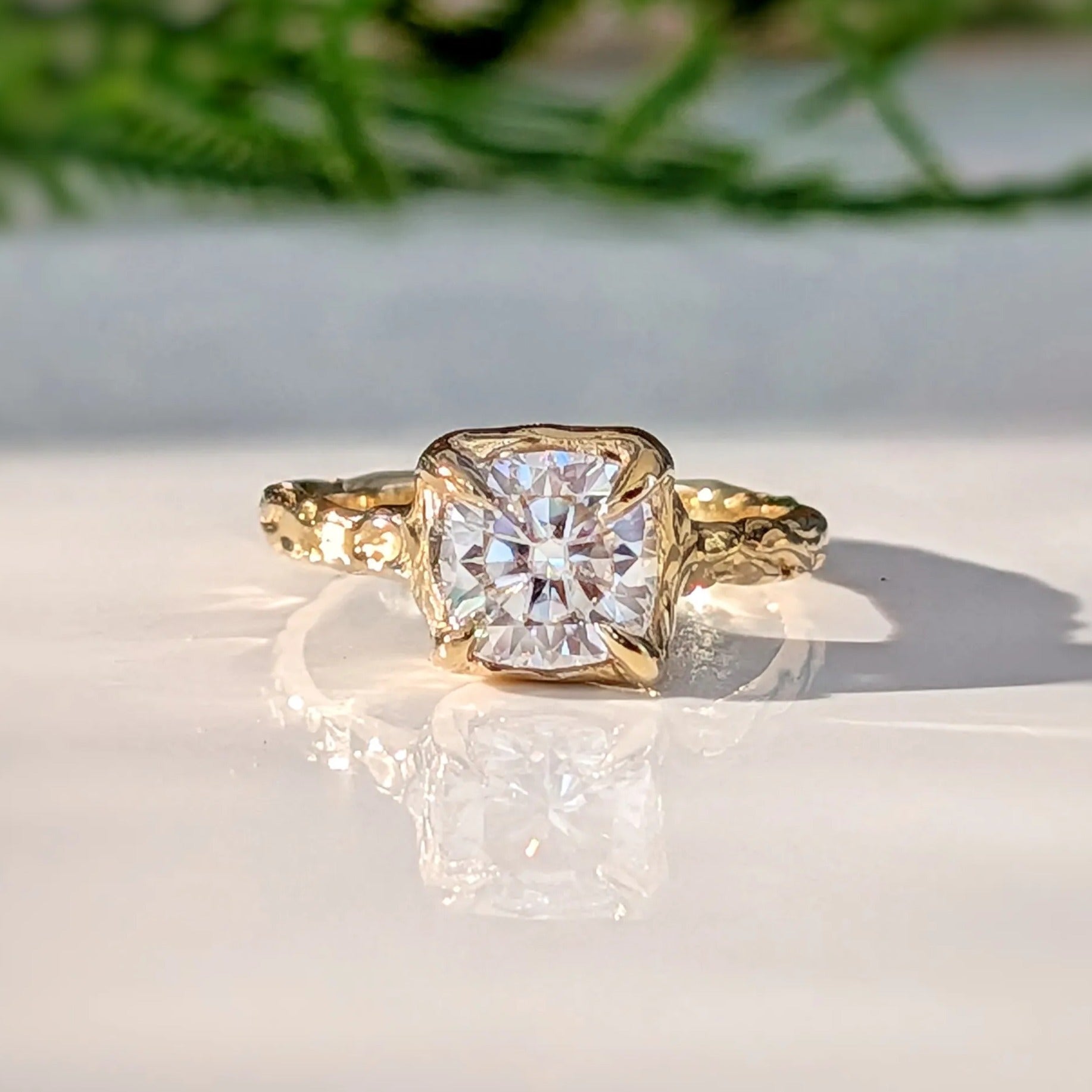 Moissanite engagement ring, textured gold alternative engagement ring