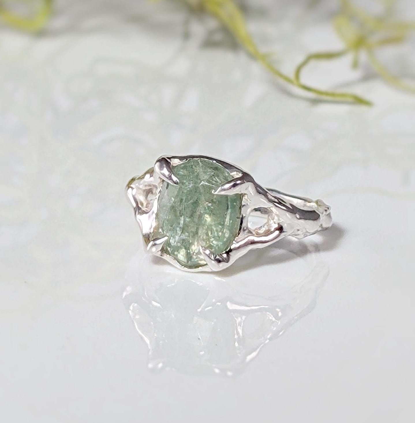 Sterling Silver textured Green Kyanite ring with an oval rose cut stone, showcasing organic design and artisanal craftsmanship.