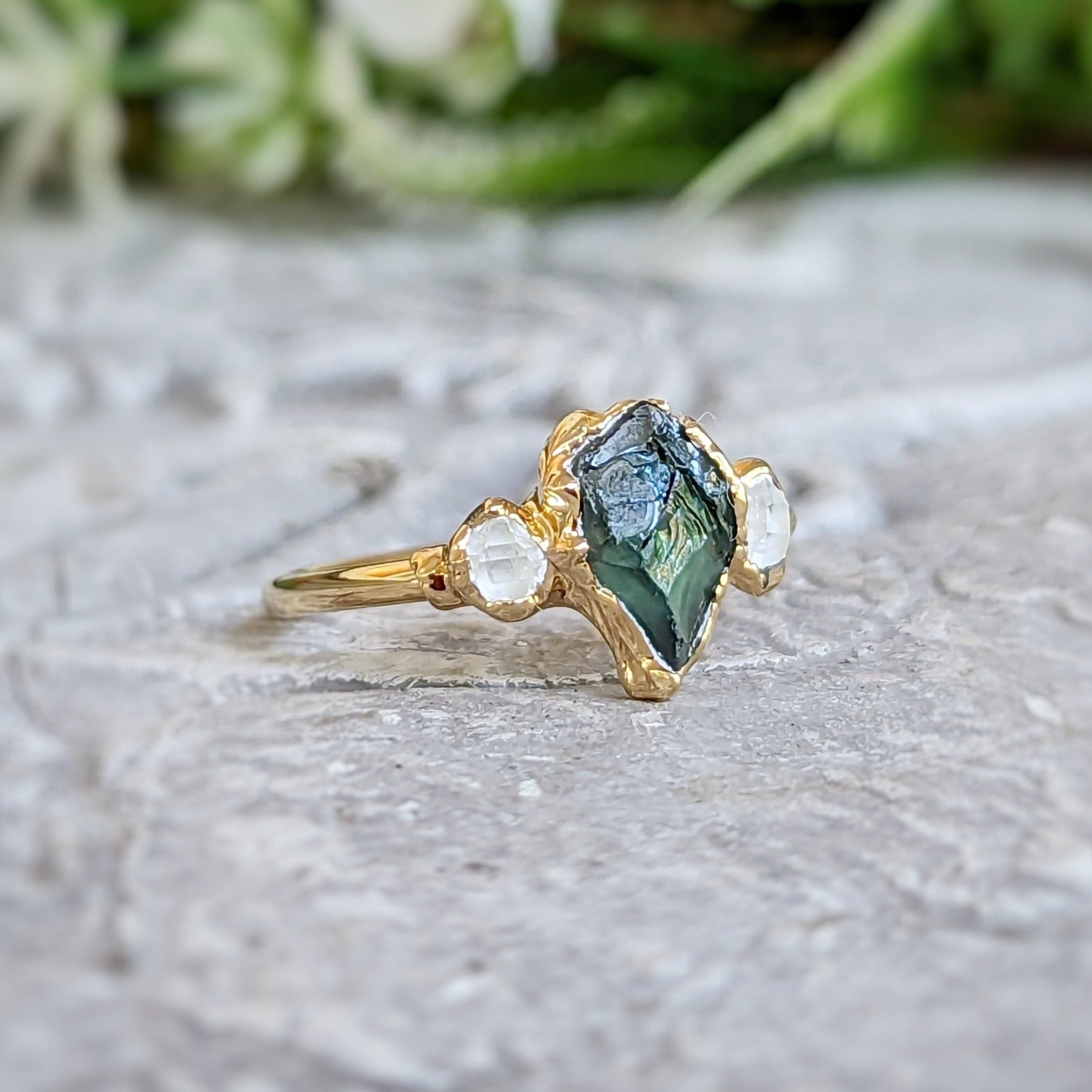 Raw Green Sapphire Herkimer Diamond Engagement Ring