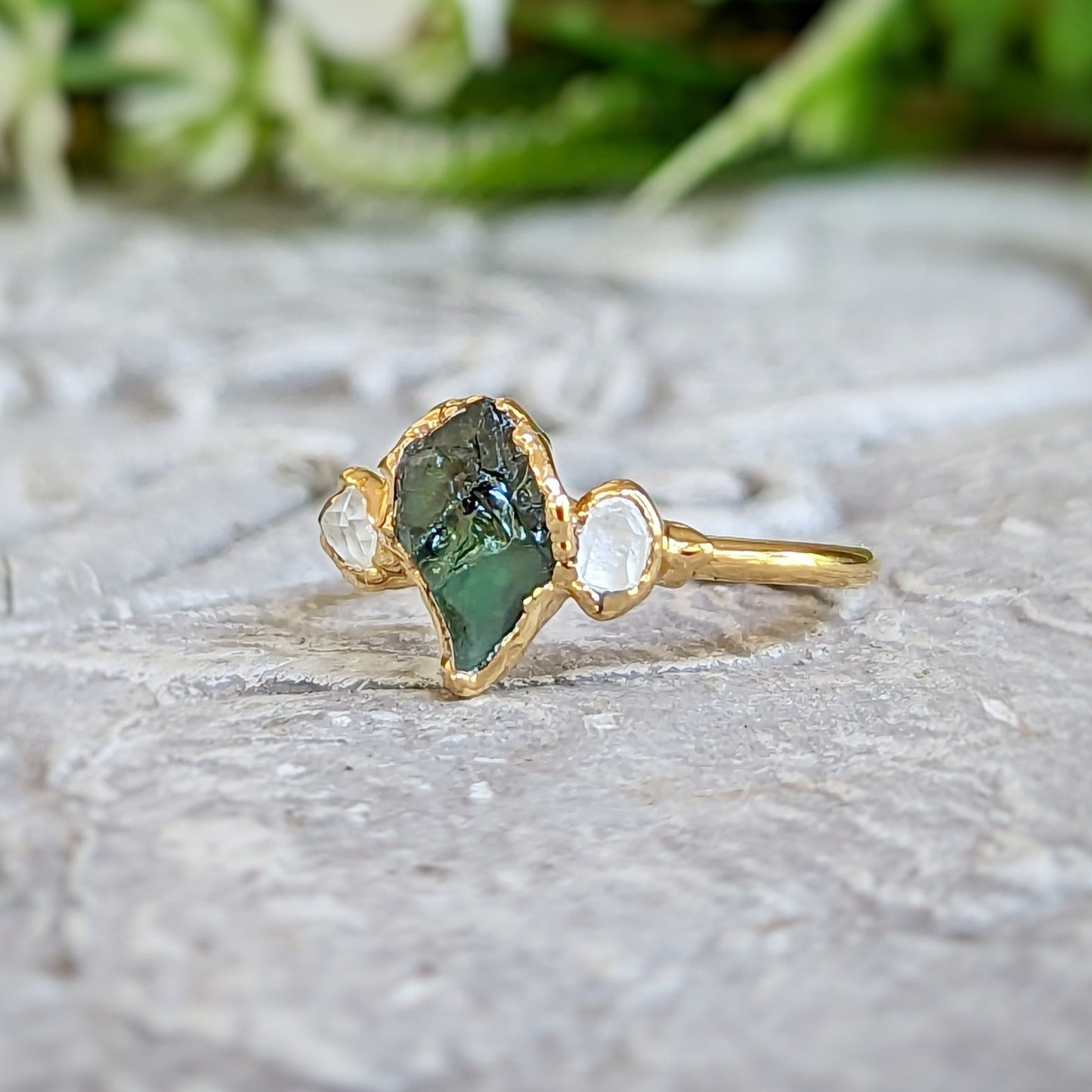 Raw green Sapphire & Herkimer diamond engagement ring