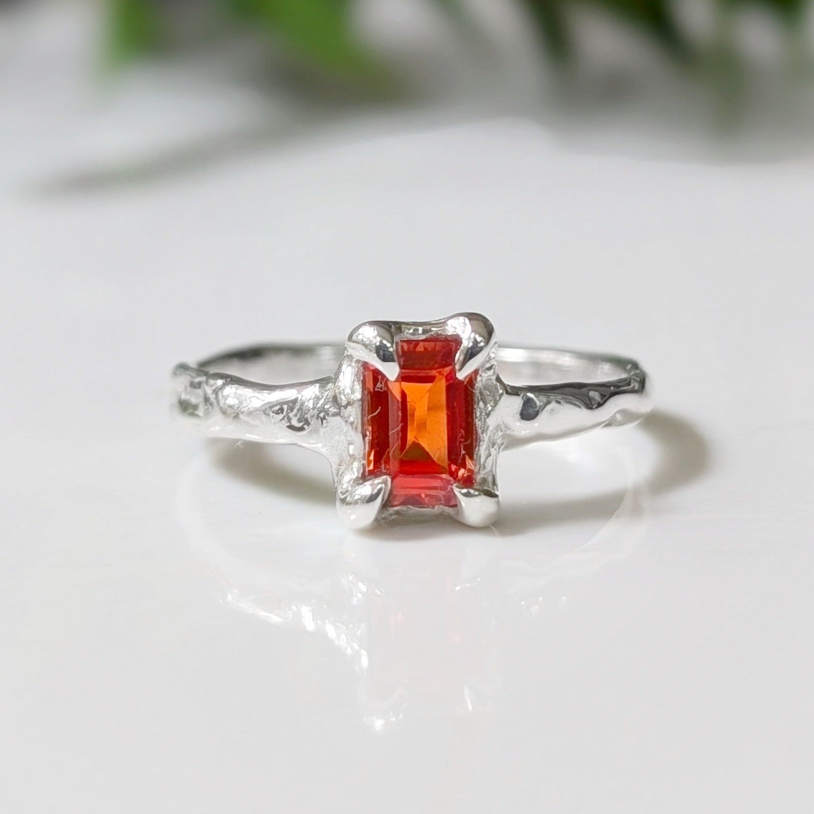 Orange Sapphire textured ring in Solid 14k Gold - Moondrop Creations