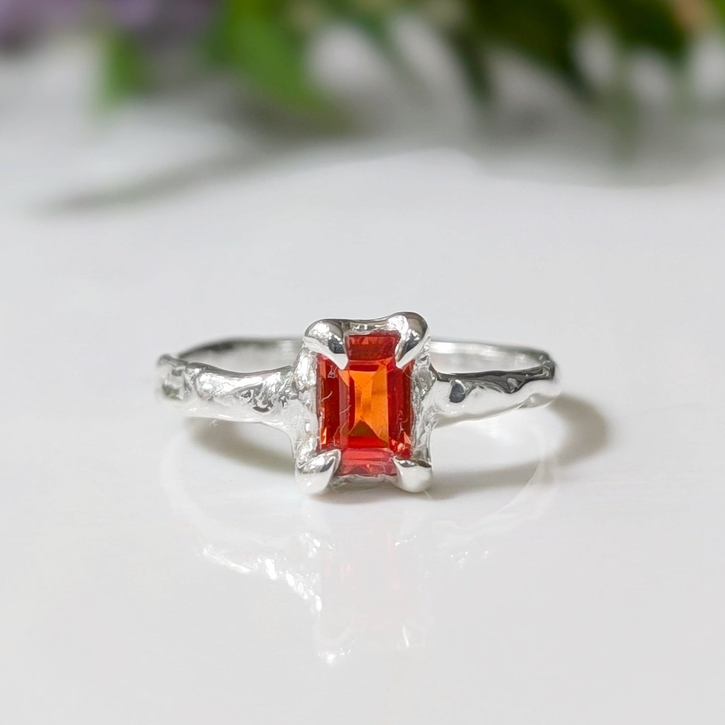 Orange Sapphire textured ring in Solid 14k Gold