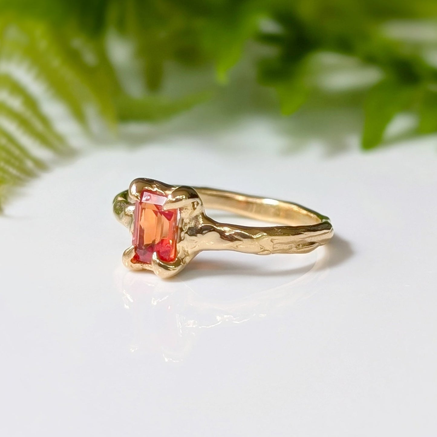 Orange Sapphire textured ring in Solid 14k Gold