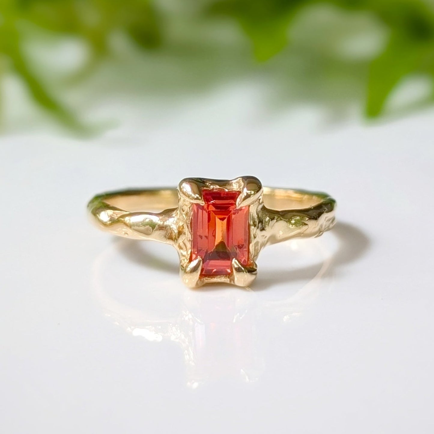 Orange Sapphire textured ring in Solid 14k Gold