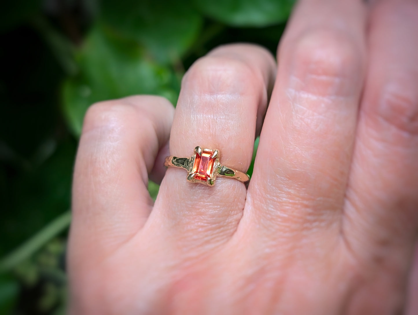 Orange Sapphire textured ring in Solid 14k Gold