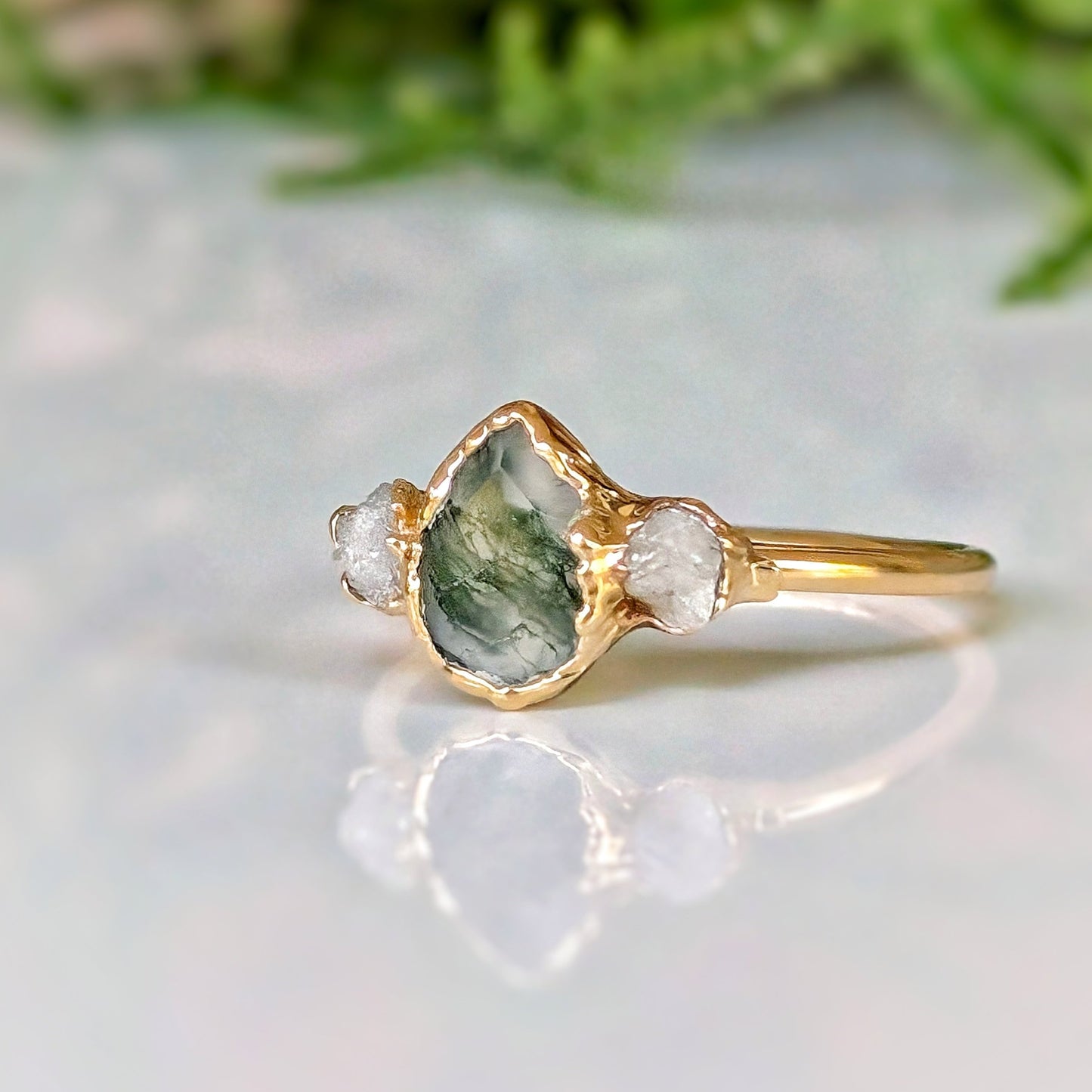 Moss Agate and Herkimer diamond engagement ring - Pear shape Moss Agate ring