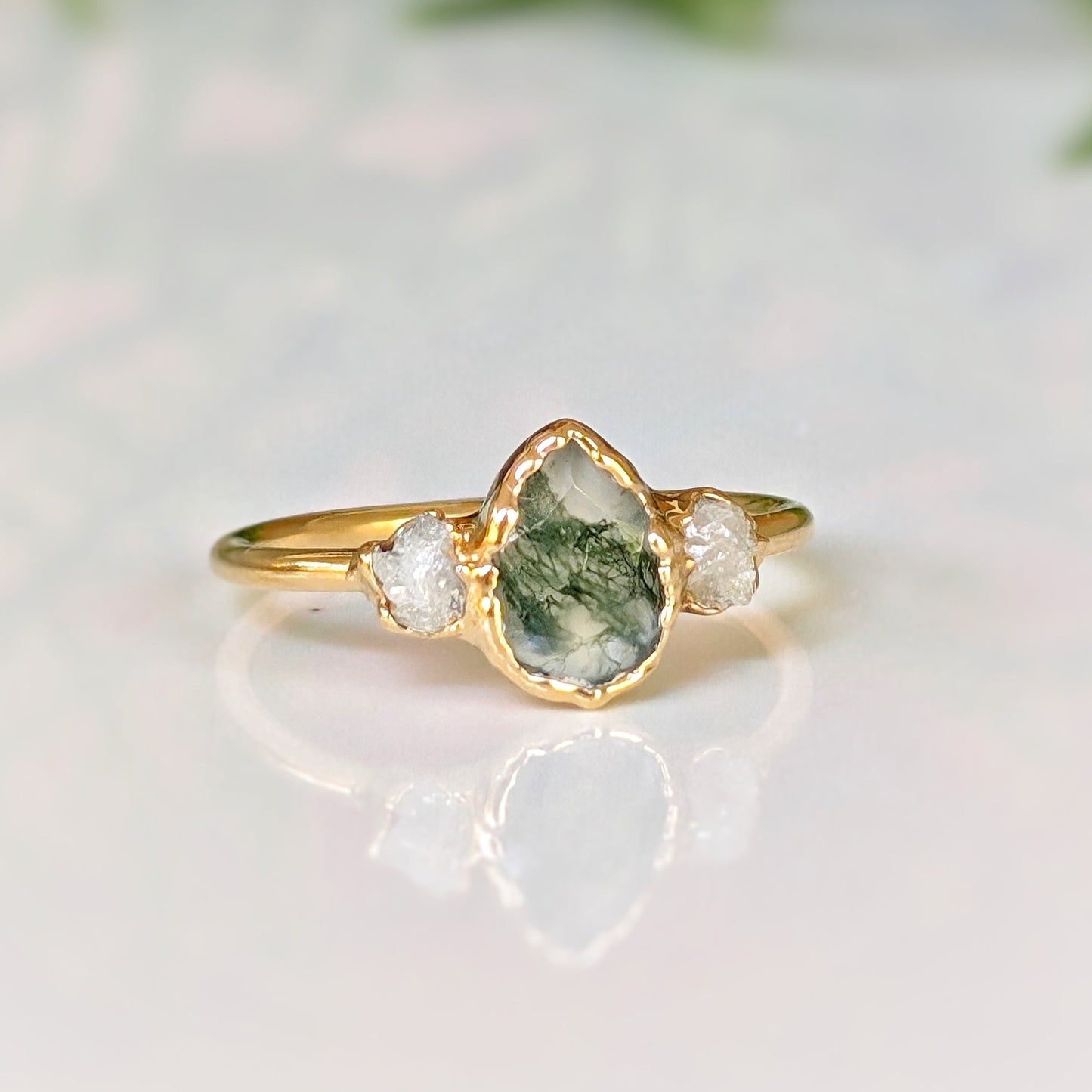 Moss Agate and Herkimer diamond engagement ring - Pear shape Moss Agate ring