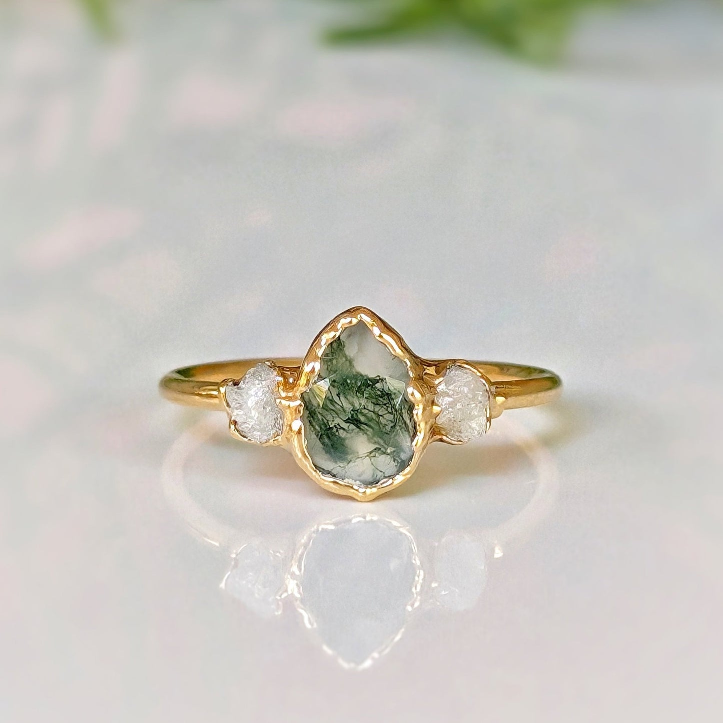 Moss Agate and Herkimer diamond engagement ring - Pear shape Moss Agate ring