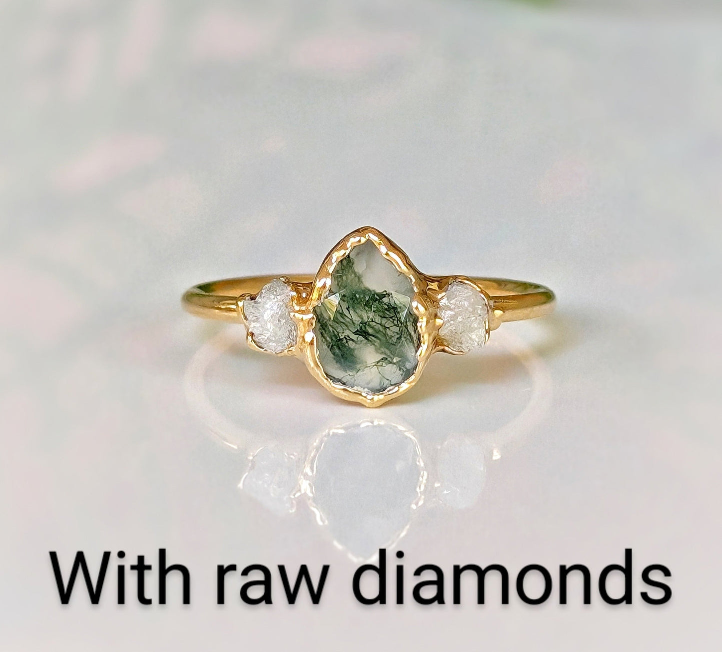 Moss Agate and Herkimer diamond engagement ring - Pear shape Moss Agate ring