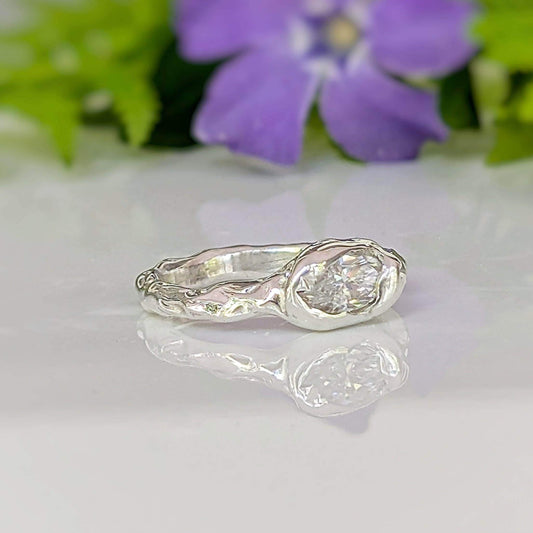 Moissanite Engagement Ring - Sterling Silver Textured Band