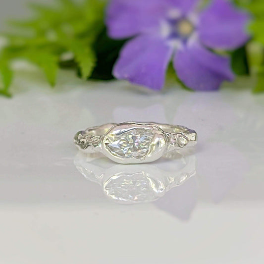 Moissanite Engagement Ring - Sterling Silver Textured Band