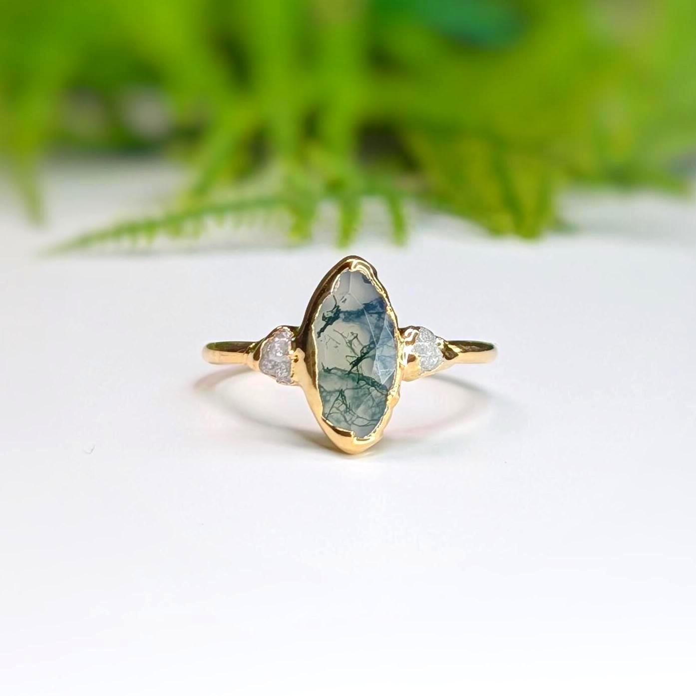 Moss Agate & diamond Engagement Ring