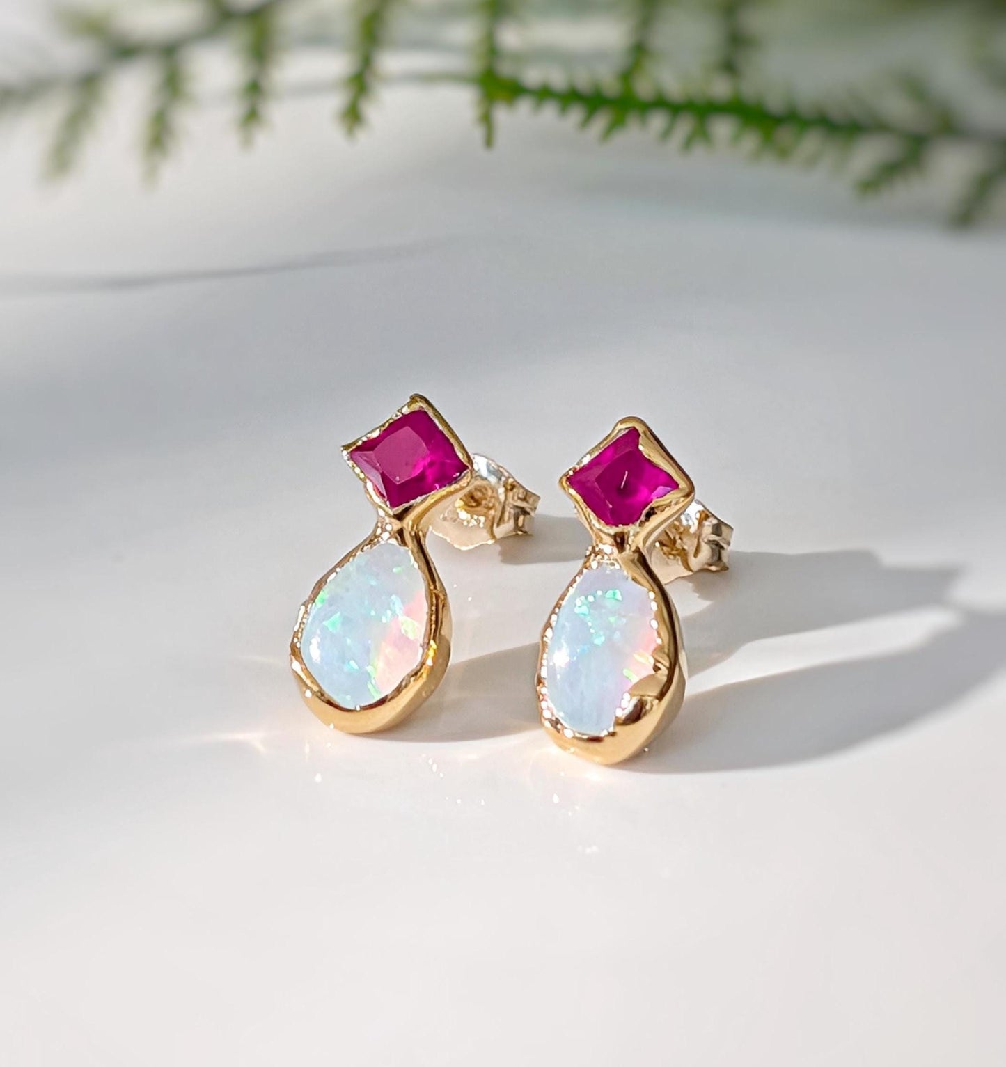 Ruby And Opal Earrings - 14k Gold Birthstone Studs