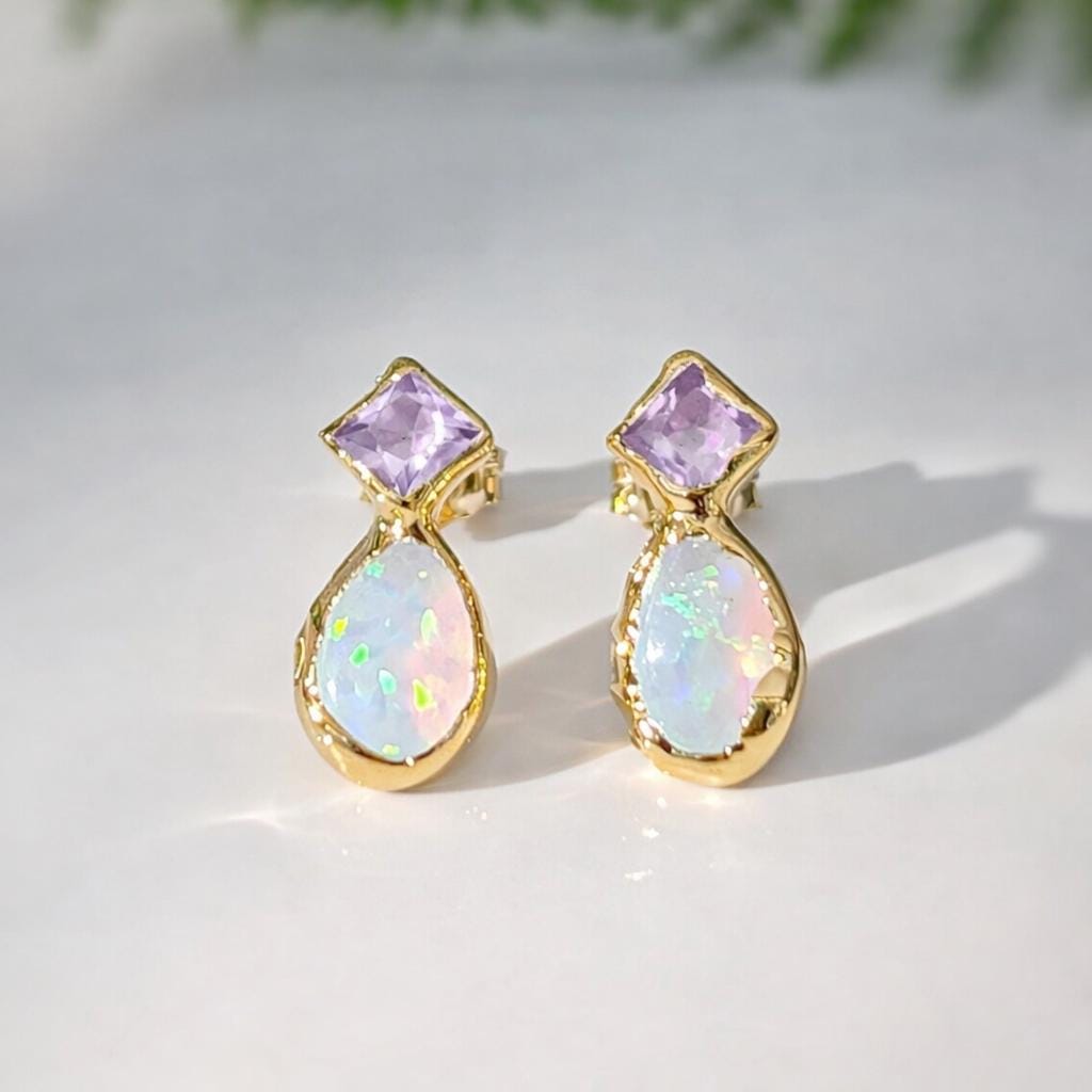 Rose de France Amethyst and Opal stud earrings