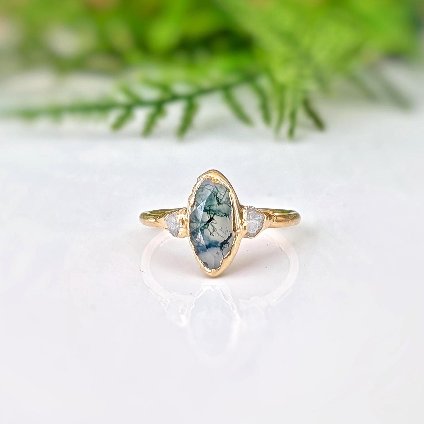 Moss Agate & diamond Engagement Ring