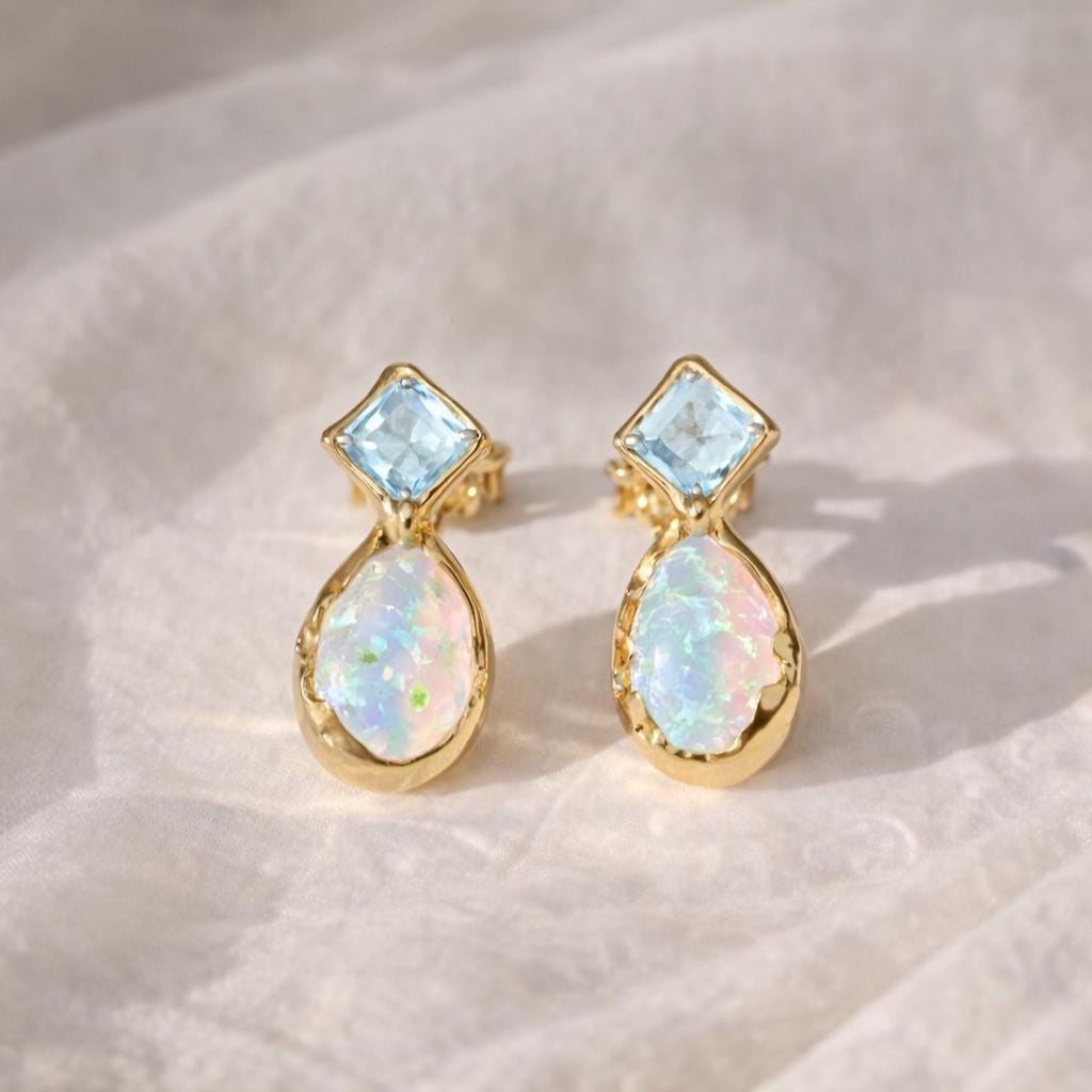 Aquamarine and Opal stud earrings