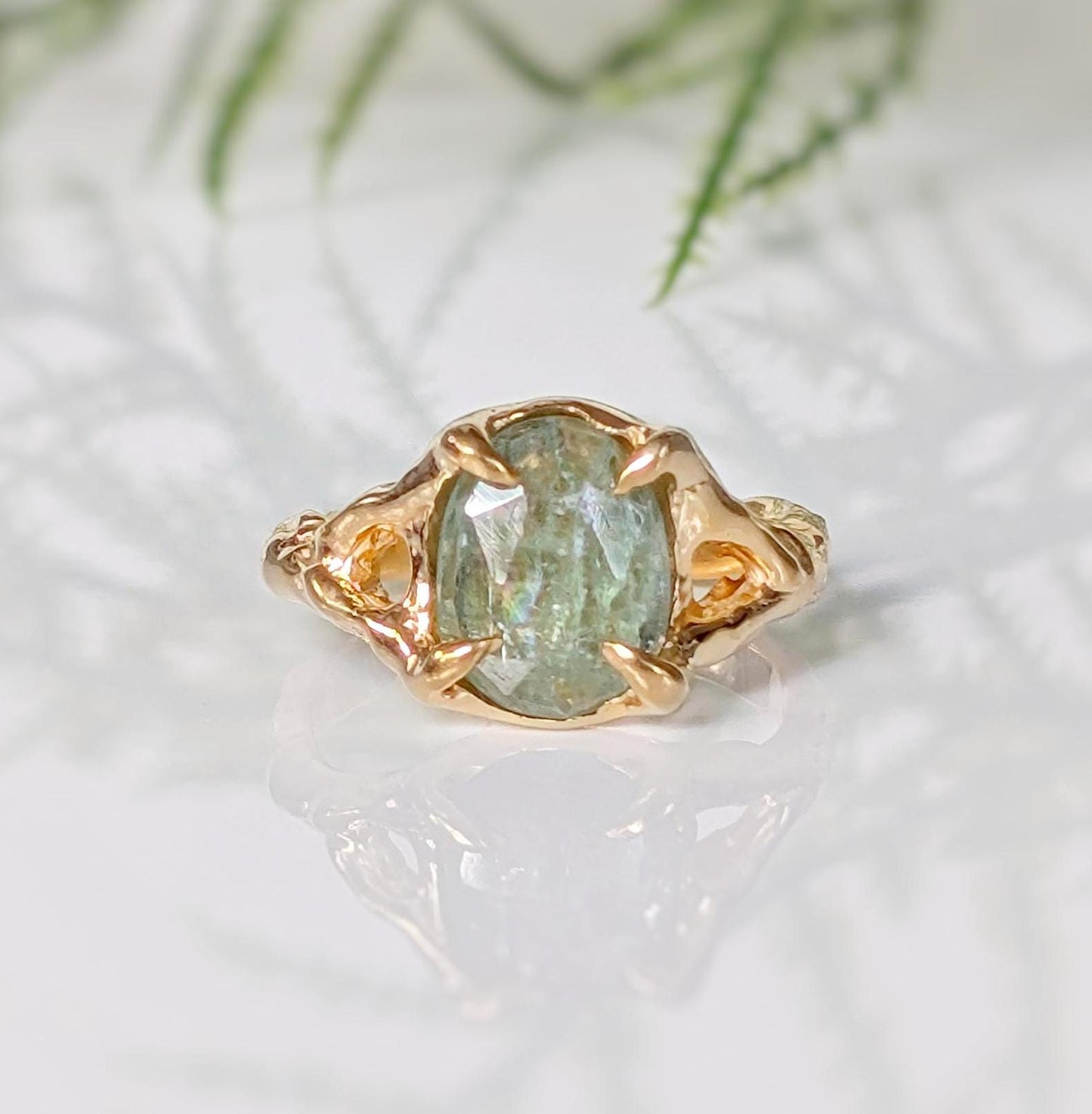 Solid Gold textured Green Kyanite ring