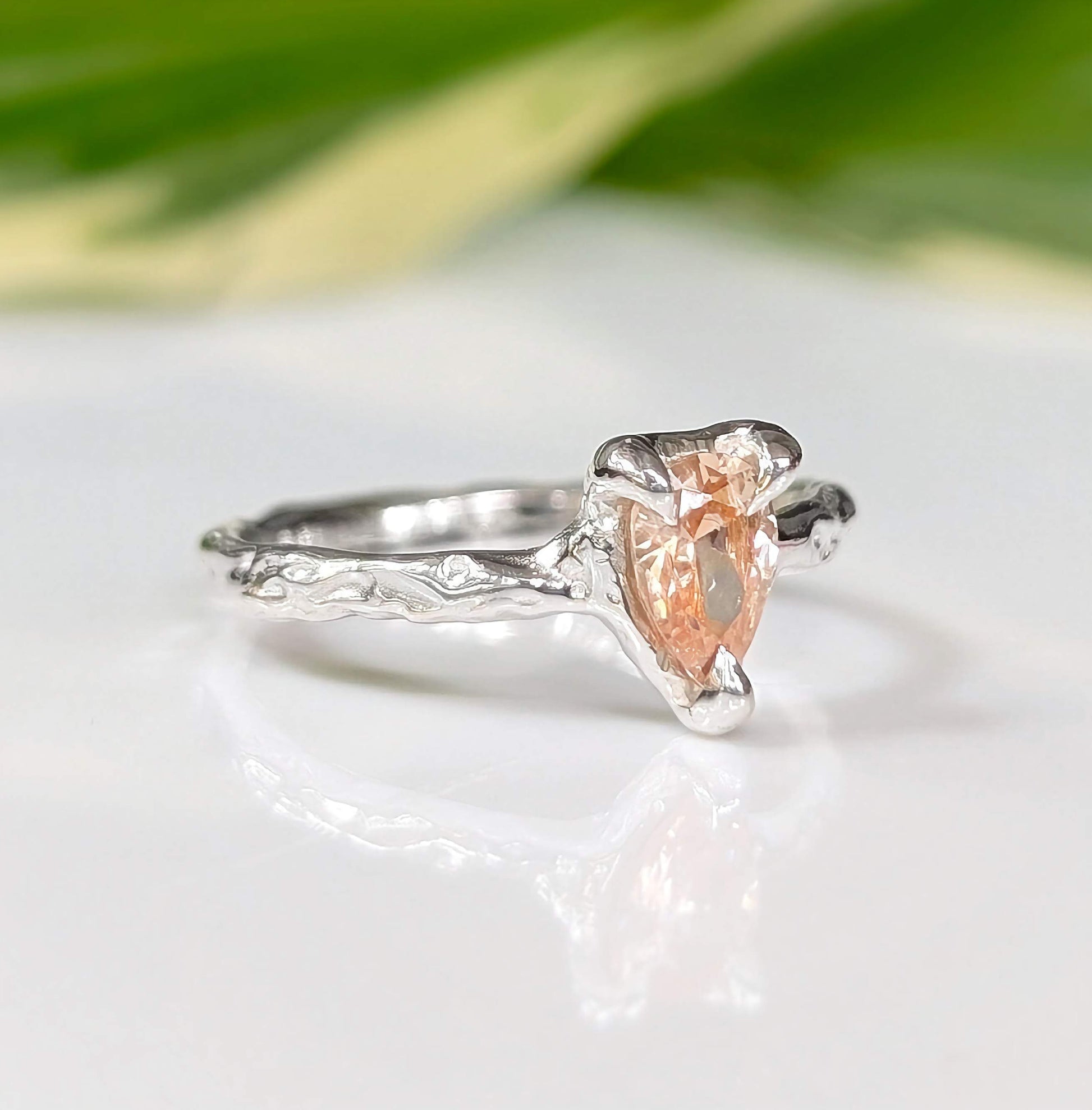 Peach Morganite textured ring in Solid 14k Gold - Moondrop Creations