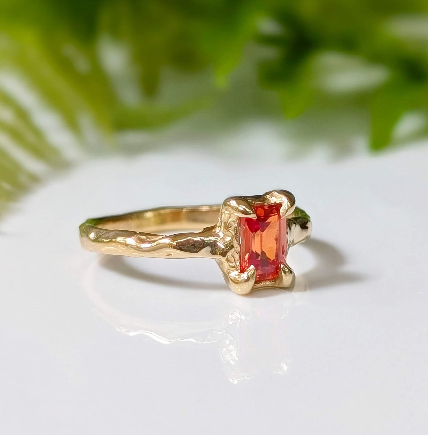 Orange Sapphire textured ring in Solid 14k Gold - Moondrop Creations