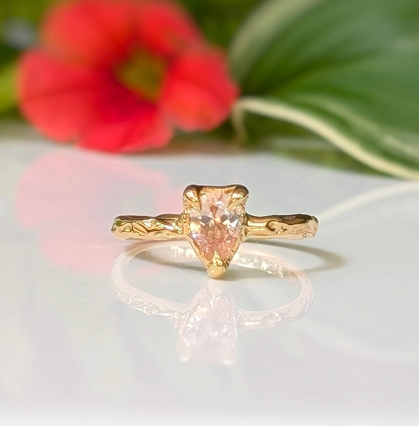 Peach Morganite textured ring in Solid 14k Gold - Moondrop Creations