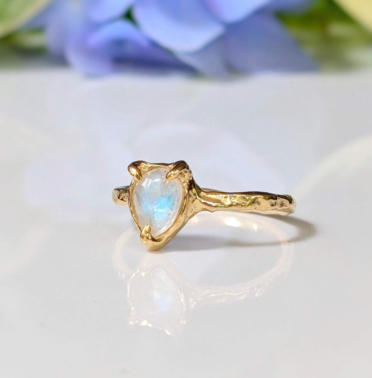 Rainbow Moonstone textured ring in Solid 14k Gold - Moondrop Creations