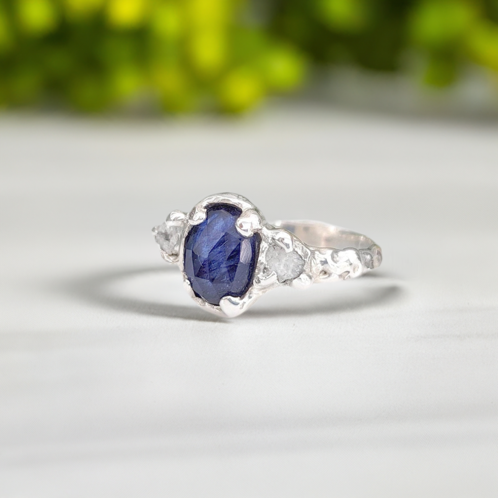 Blue Sapphire and raw diamond engagement ring in Solid Sterling Silver