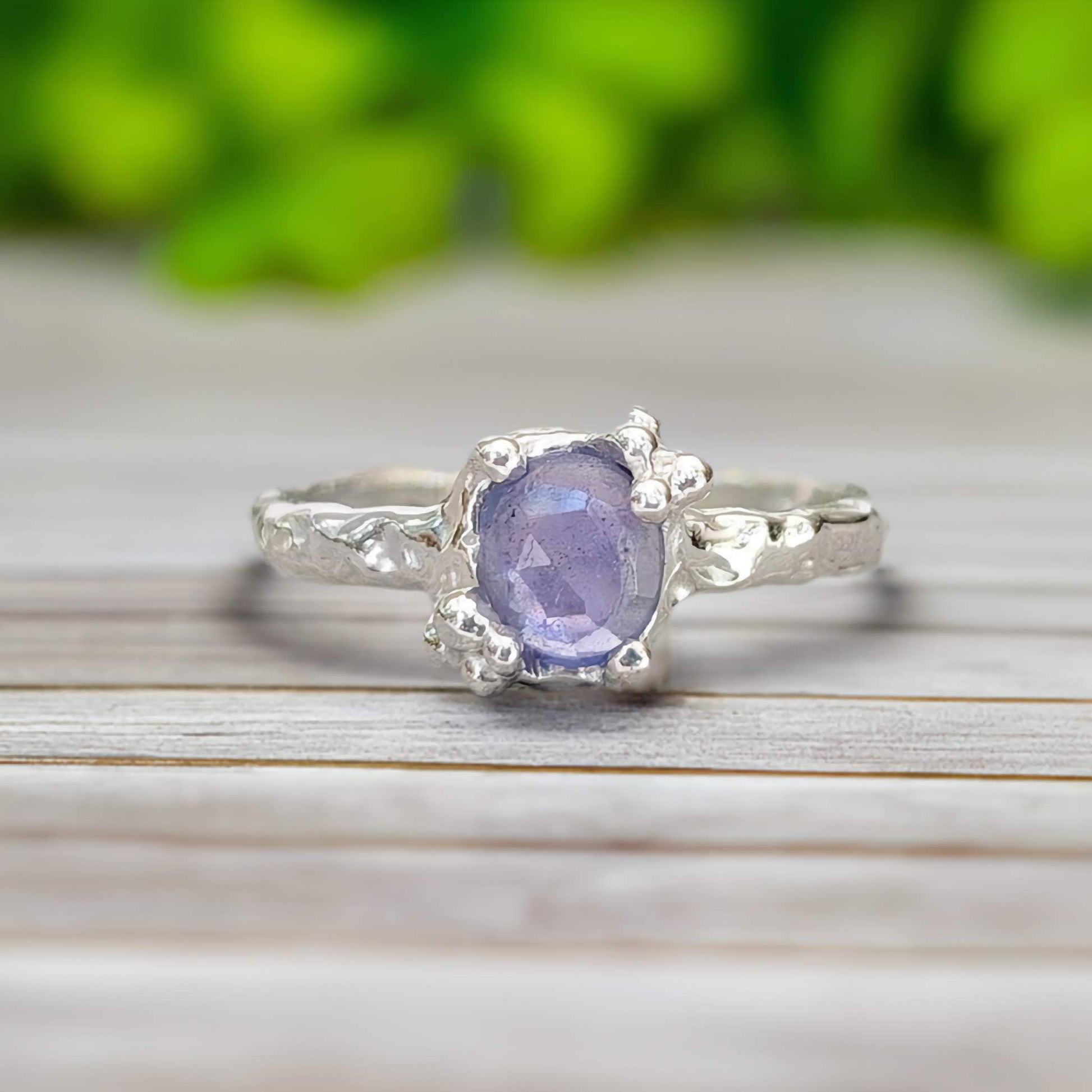 Natural Tanzanite ring - Silver textured gemstone ring - Moondrop Creations