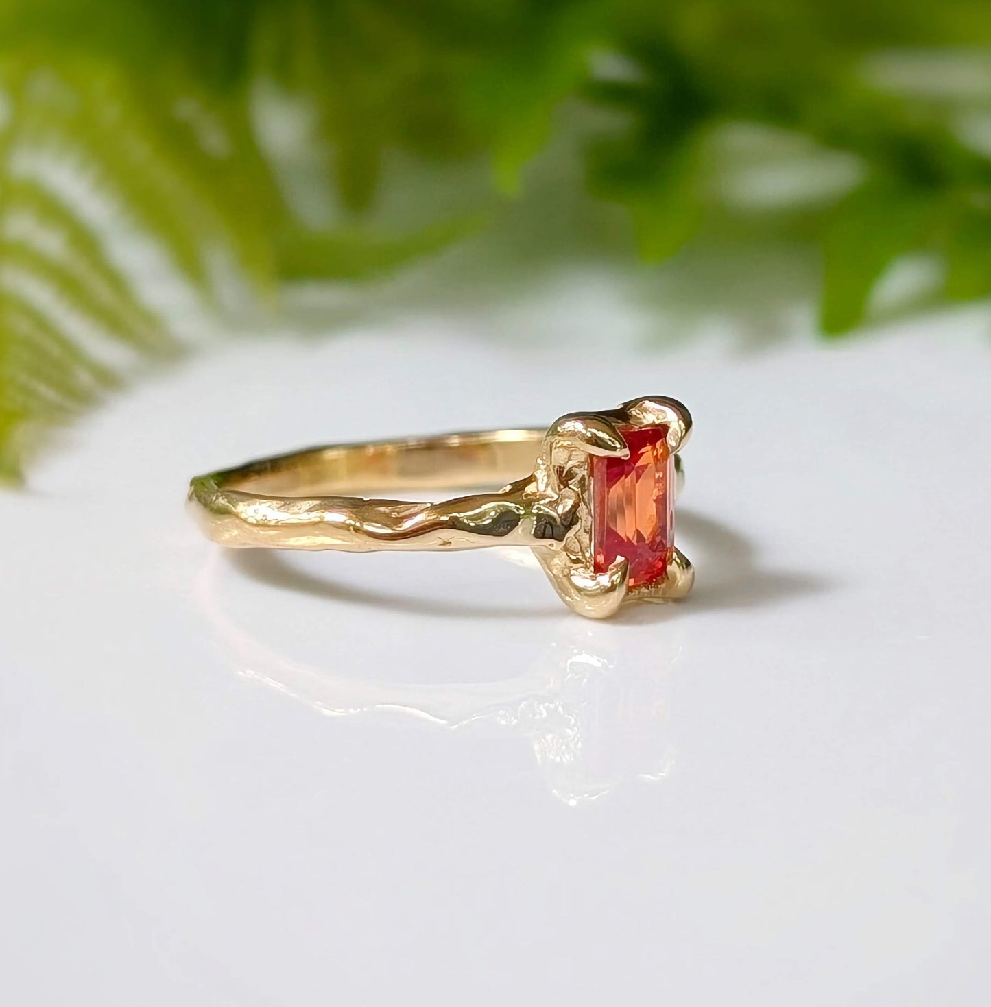 Orange Sapphire textured ring in Solid 14k Gold - Moondrop Creations