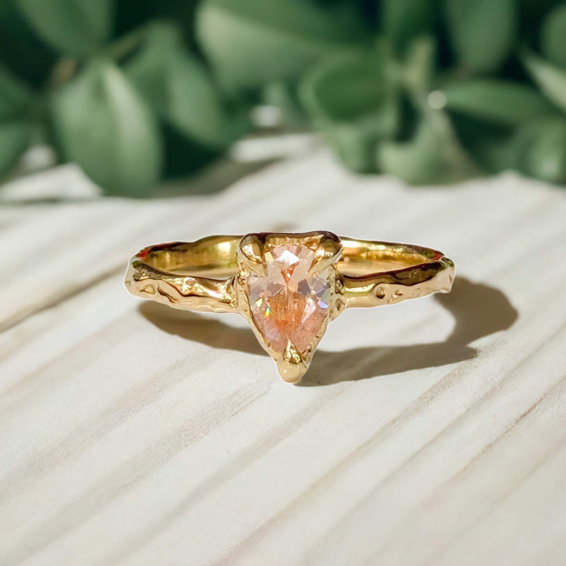 Peach Morganite textured ring in Solid 14k Gold - Moondrop Creations