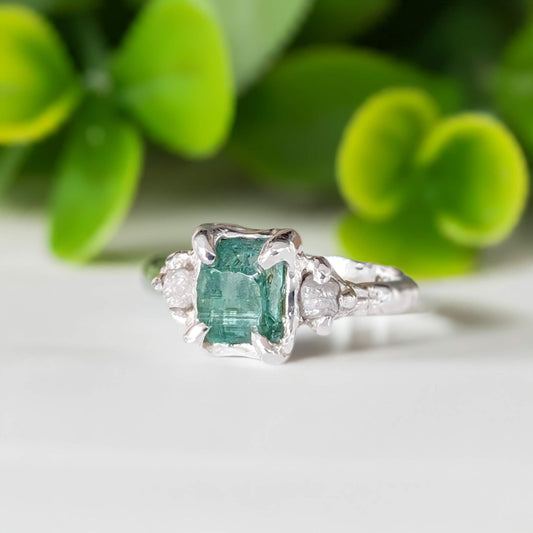 Raw Emerald and diamond engagement ring in Solid Sterling Silver
