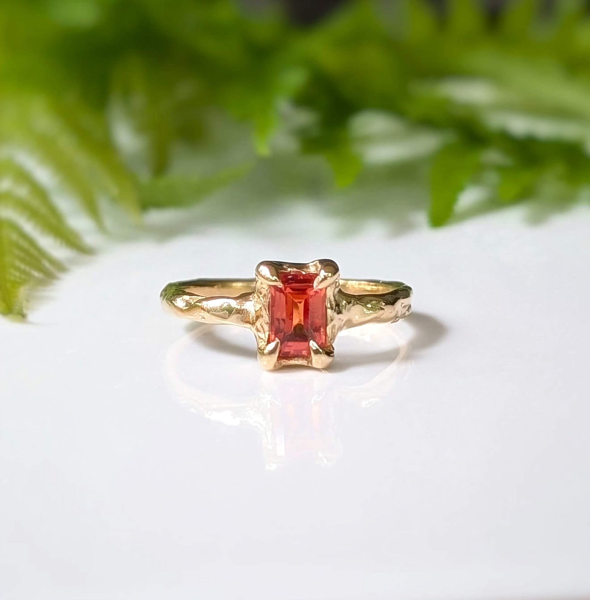 Orange Sapphire textured ring in Solid 14k Gold - Moondrop Creations