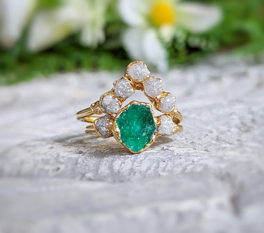 Raw Emerald ring and rough diamond Chevron wedding ring set in 18k Gold