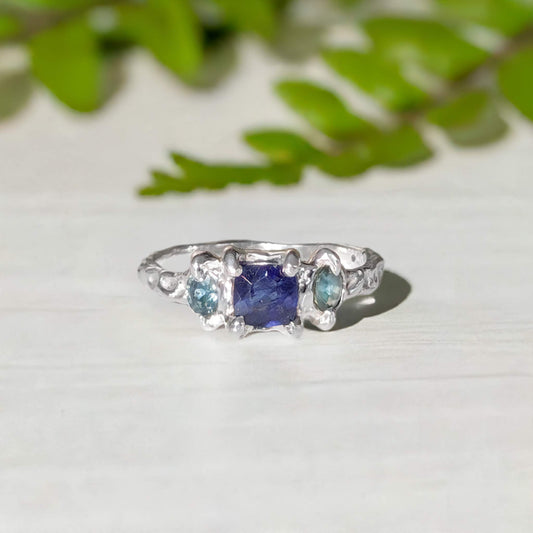 Blue Sapphire and Tourmaline ring in Molten Silver setting