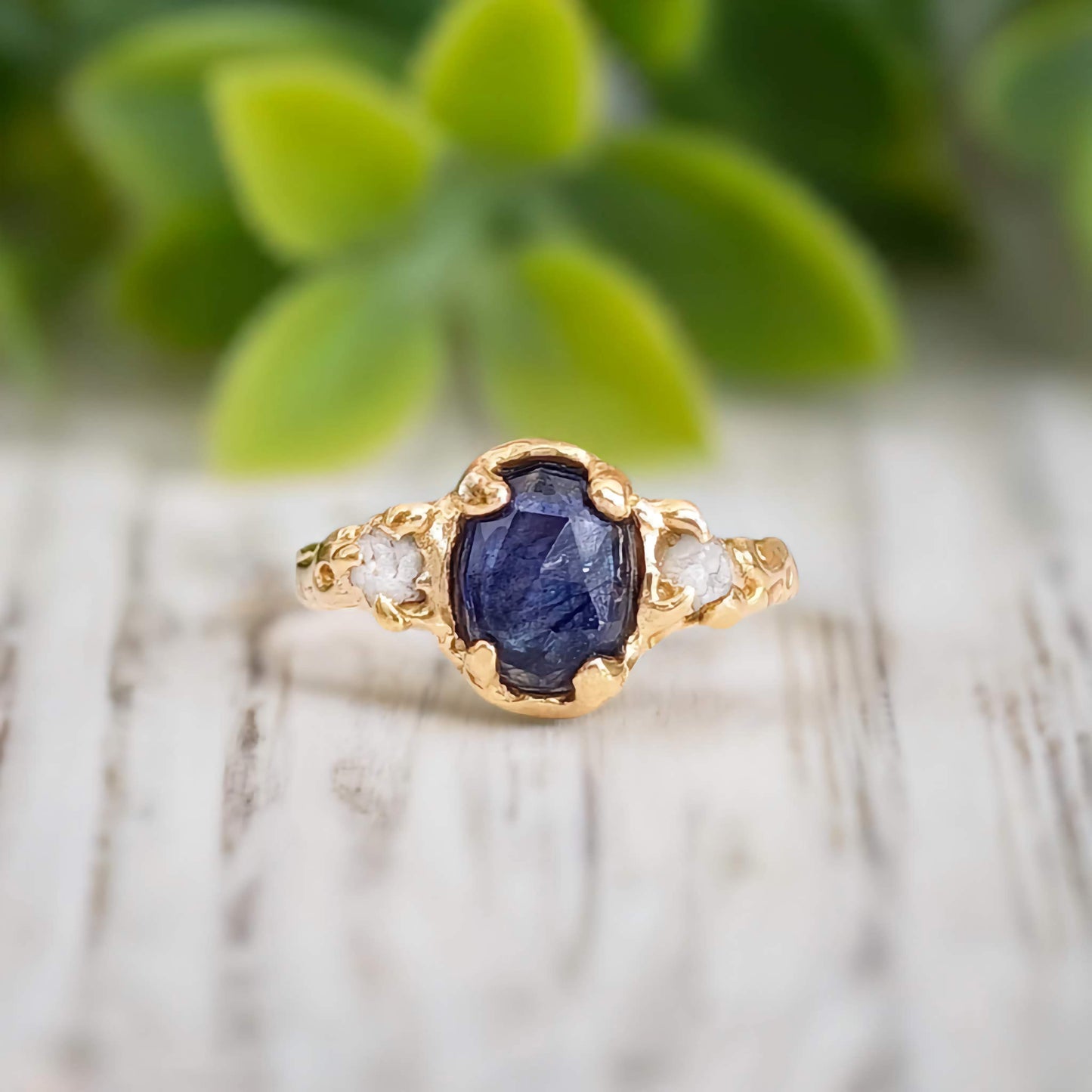 Blue Sapphire and diamond engagement ring - Solid 14k Gold textured ring
