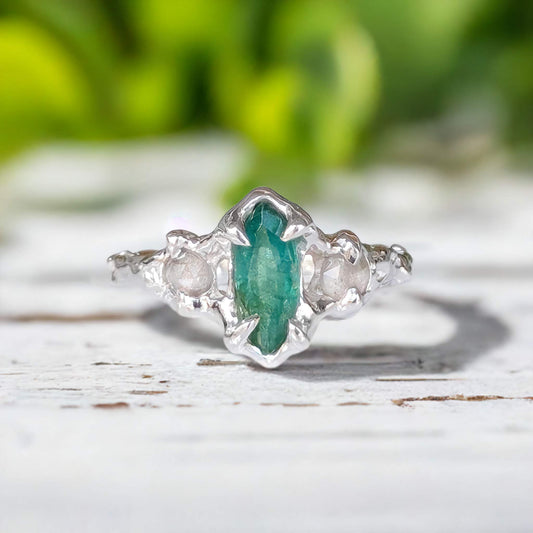 Silver Emerald and diamond engagement ring