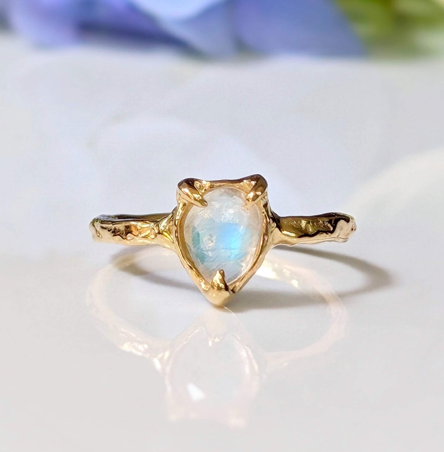 Rainbow Moonstone textured ring in Solid 14k Gold - Moondrop Creations