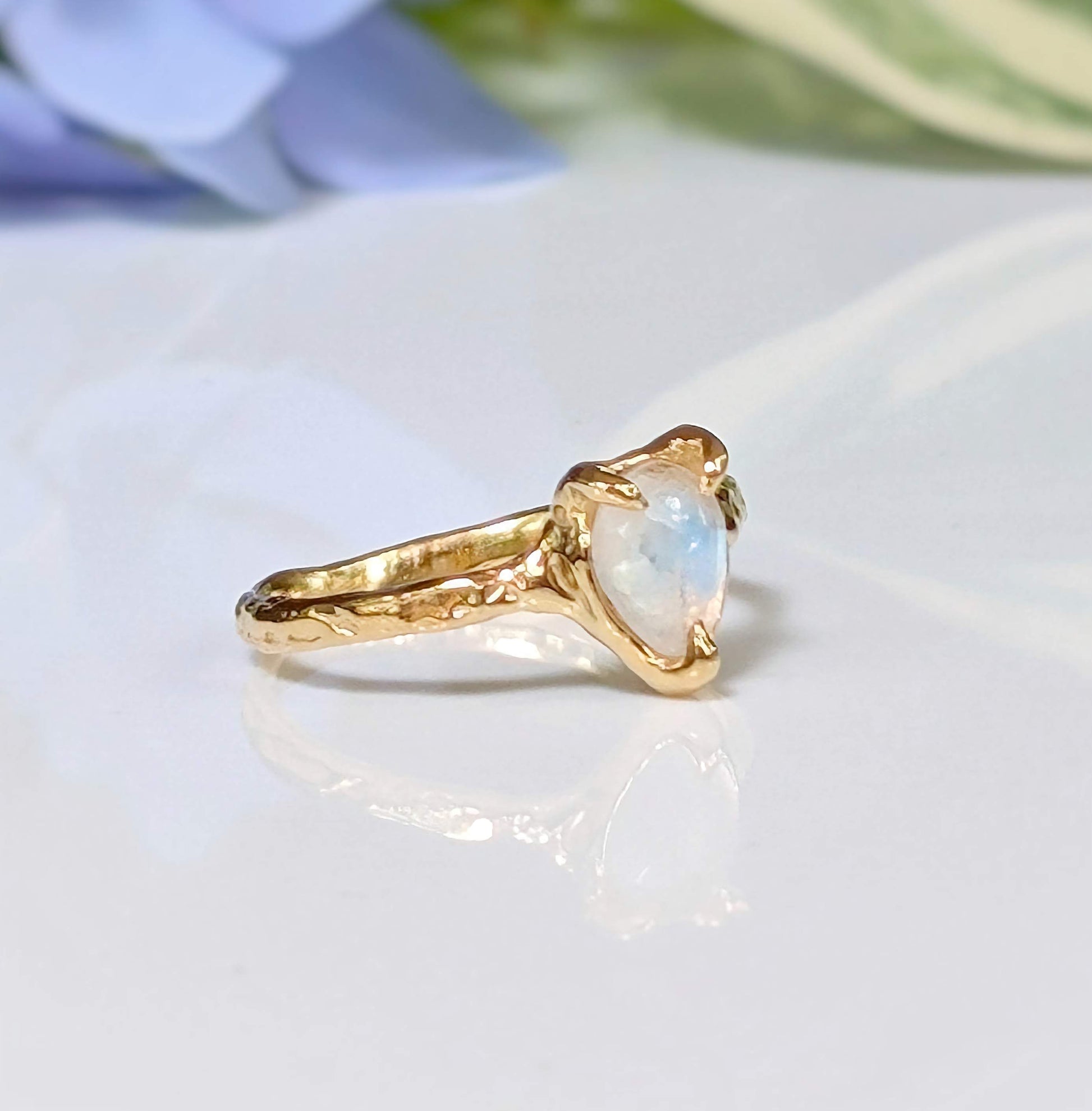 Rainbow Moonstone textured ring in Solid 14k Gold - Moondrop Creations