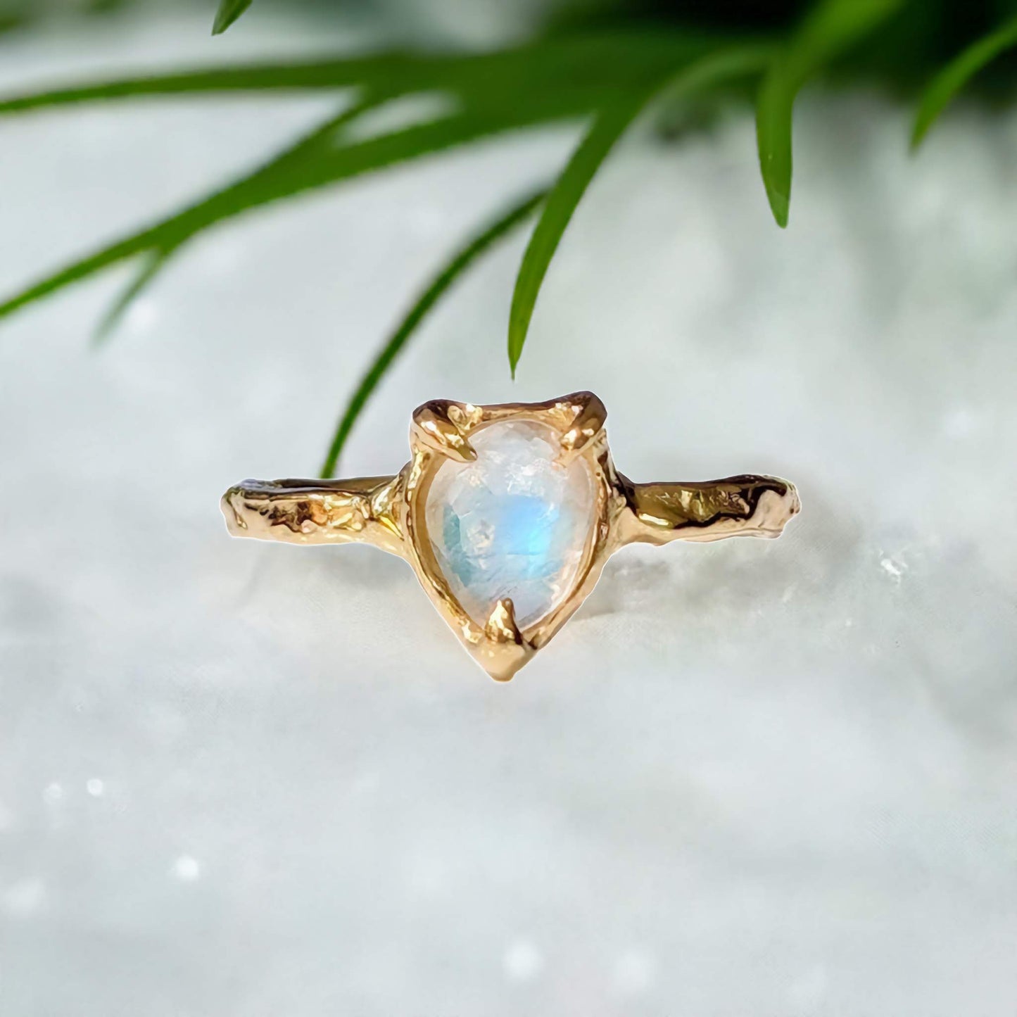 Rainbow Moonstone textured ring in Solid 14k Gold - Moondrop Creations