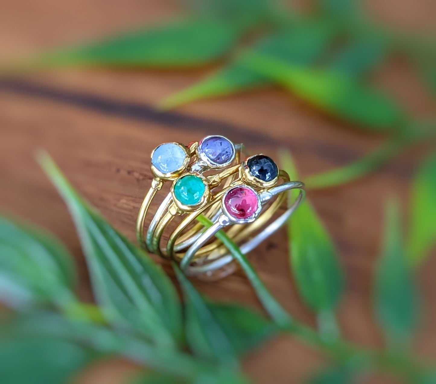 Dainty Birthstone stacking rings in Sterling silver and 18k Gold