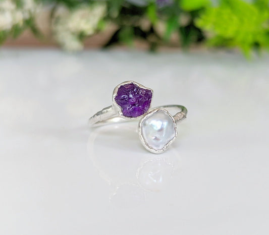 Toi et Moi raw gemstone ring - Family birthstone ring