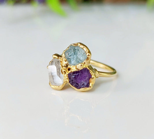 Custom family Birthstone ring ~ Raw gemstone Cluster ring