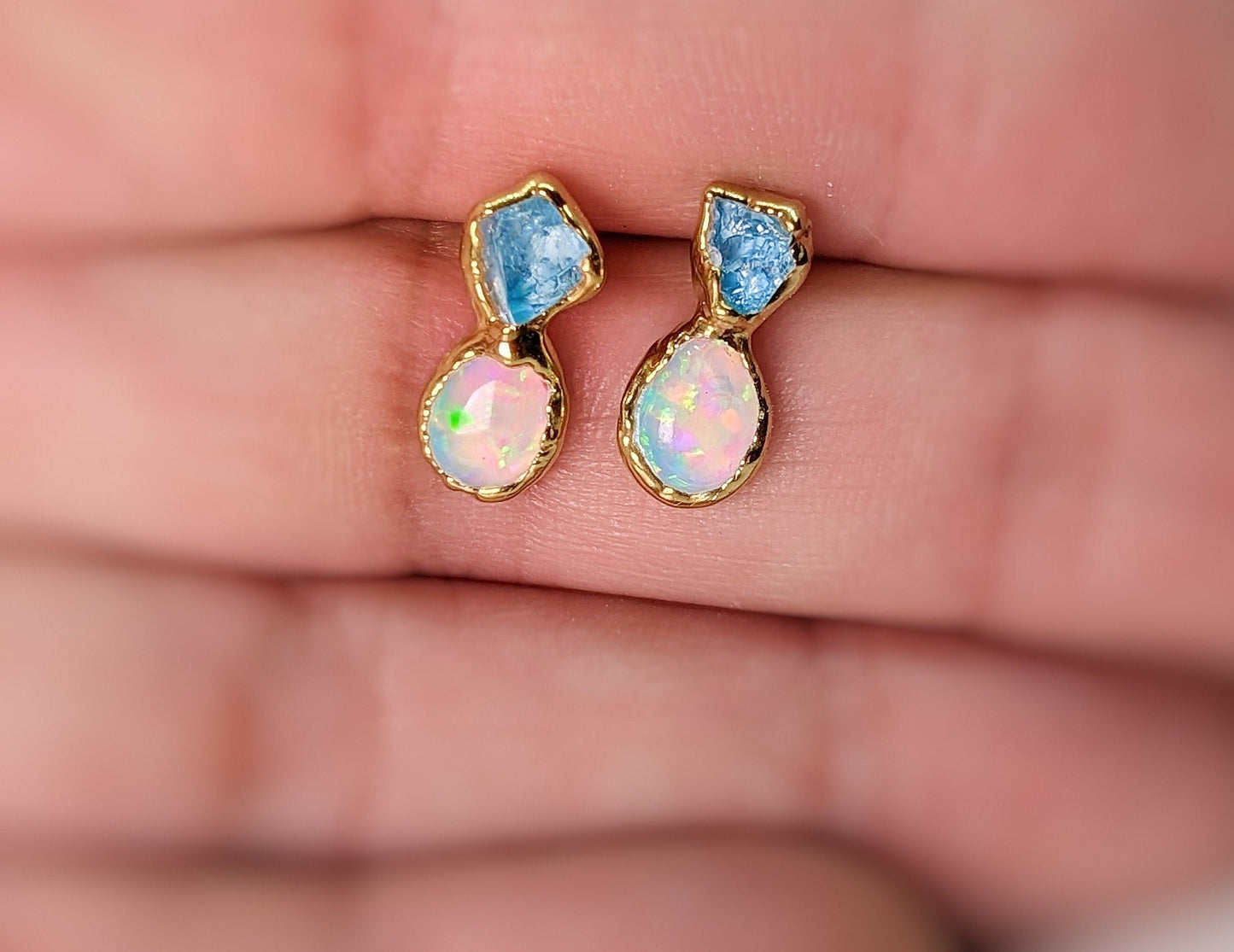 Raw Aquamarine and Australian Opal stud earrings in unique 18k Gold setting