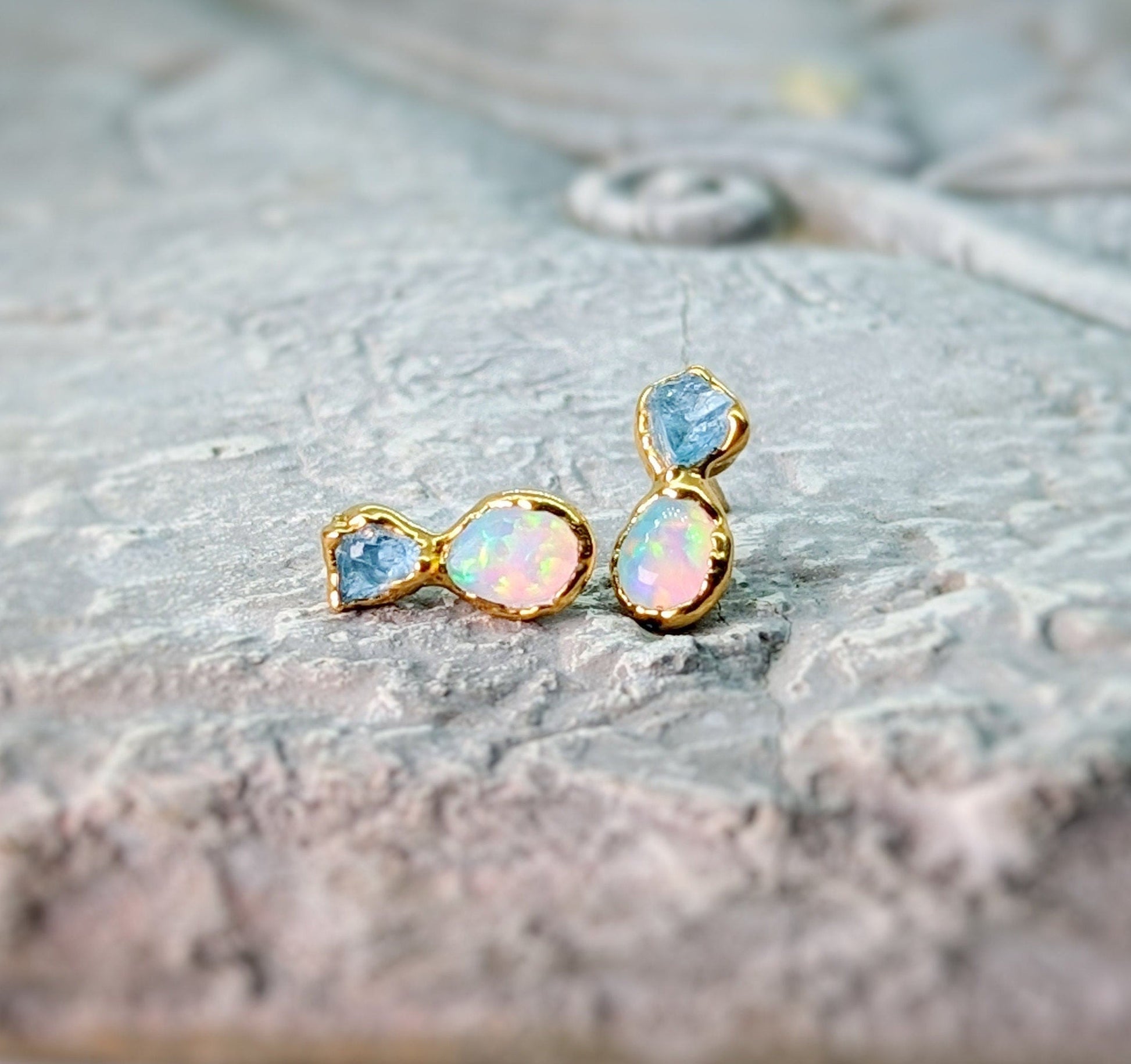 Raw Aquamarine and Australian Opal stud earrings in unique 18k Gold setting