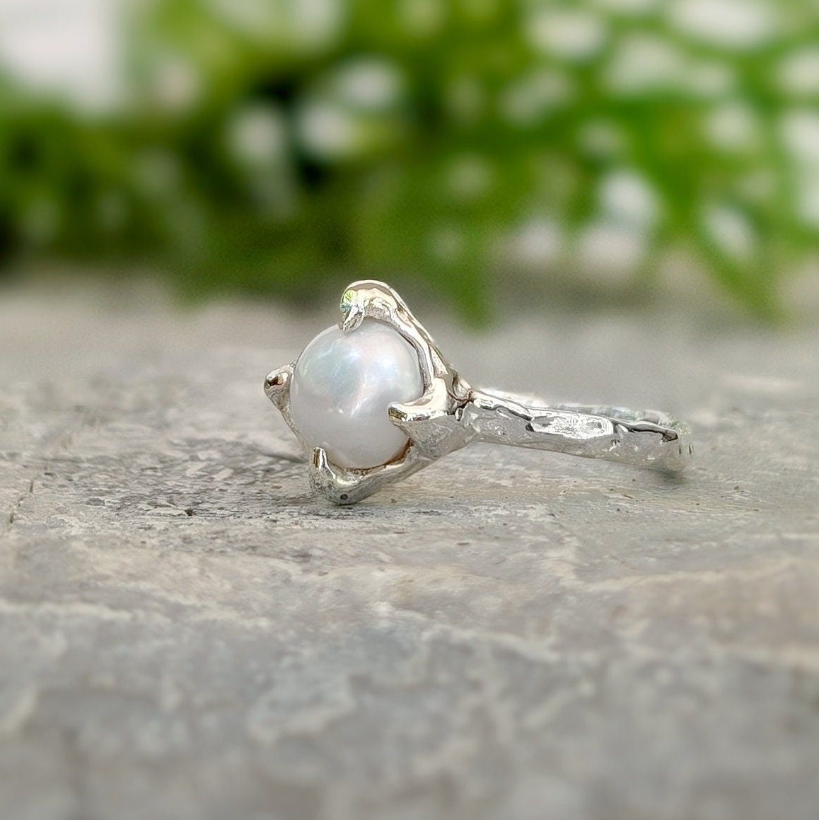 Silver Freshwater pearl textured ring - Moondrop Creations