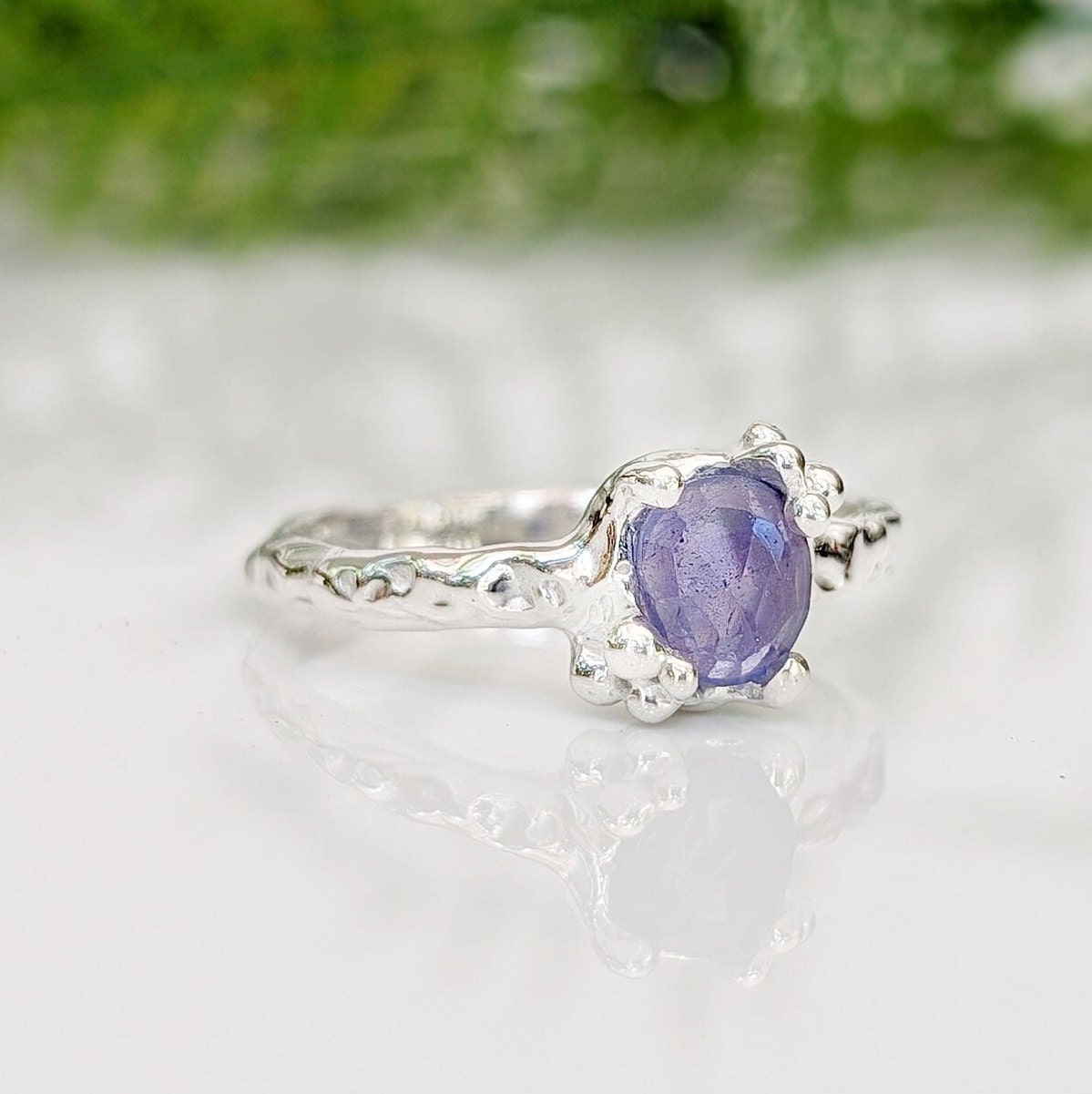 Natural Tanzanite ring - Silver textured gemstone ring - Moondrop Creations