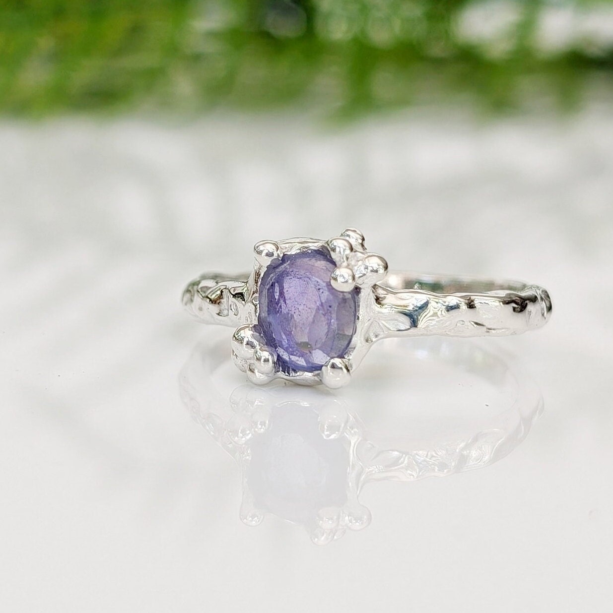 Natural Tanzanite ring - Silver textured gemstone ring - Moondrop Creations